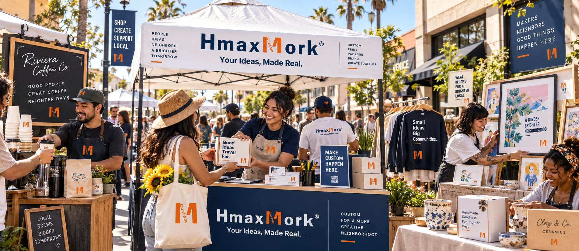 A neighborhood maker market featuring customized products and branded materials